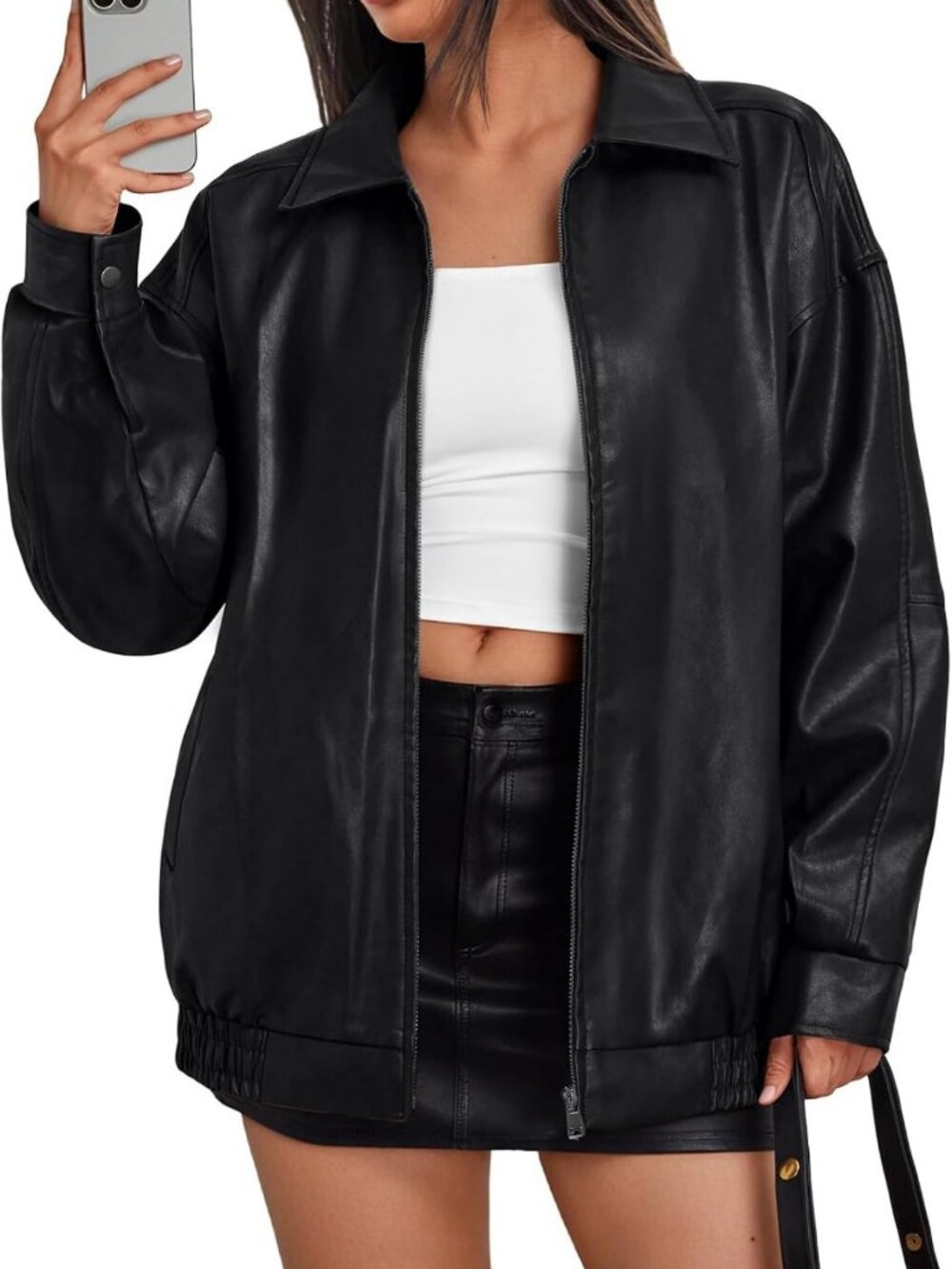 Chic Oversized Leather Moto Jacket for Women - Stylish Fall & Winter Bomber Coat